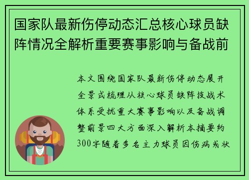 国家队最新伤停动态汇总核心球员缺阵情况全解析重要赛事影响与备战前景 国家队最新伤停动态汇总核心球员缺阵情况全解析重要赛事影响与备战前景